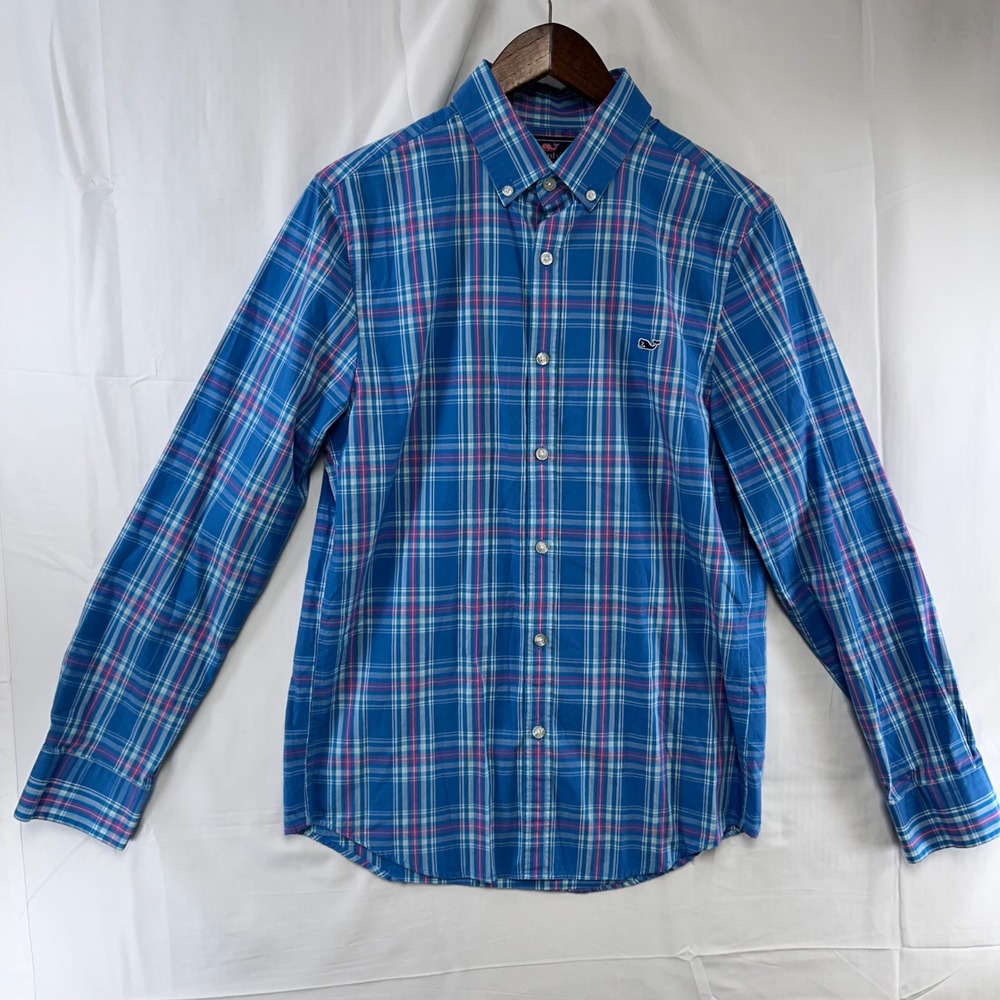 Vineyard Vines Button Down Shirt Mens Small Blue Plaid Slim Fit Whale Shirt